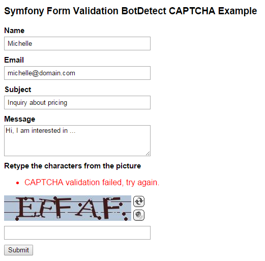Symfony 3 Contact BotDetect Captcha validation screenshot