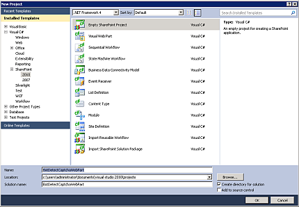 SharePoint CAPTCHA screenshot: New project