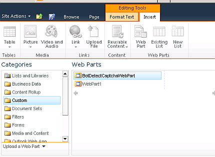 SharePoint CAPTCHA screenshot: Import BotDetectCaptchaWebPart webpart
