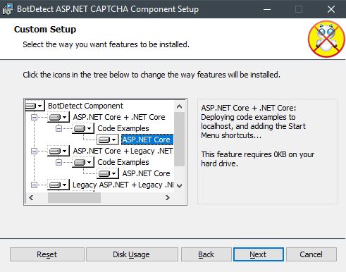 BotDetect ASP.NET Setup feature selection