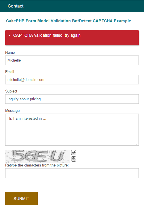 BotDetect CakePHP 3.0 CAPTCHA Form Model Captcha validation screenshot