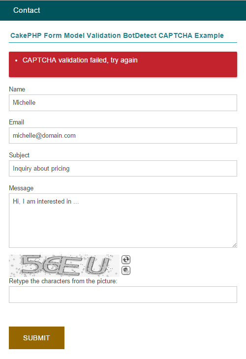 CakePHP 3 Form Model Validation BotDetect CAPTCHA Example