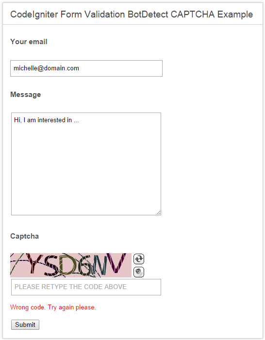 BotDetect CodeIgniter CAPTCHA Form Captcha validation screenshot