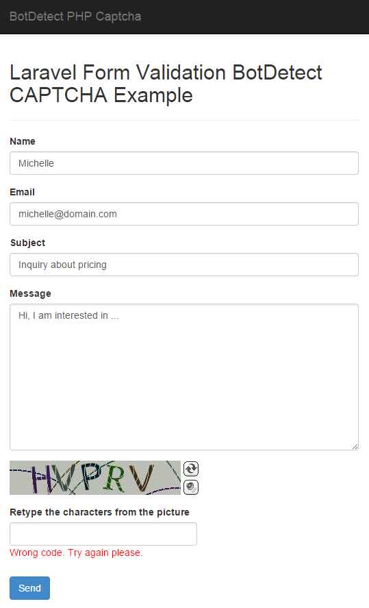BotDetect Laravel 4.2 CAPTCHA Form Captcha validation screenshot