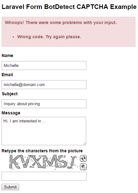 BotDetect Laravel 5.1 CAPTCHA Form Captcha validation screenshot