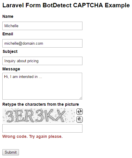 BotDetect Laravel 5.2 CAPTCHA Form Captcha validation screenshot