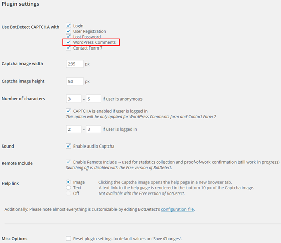 BotDetect PHP CAPTCHA WordPress Plugin: Comments Captcha setting