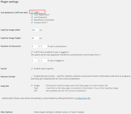 BotDetect PHP CAPTCHA WordPress Plugin: Login Captcha setting