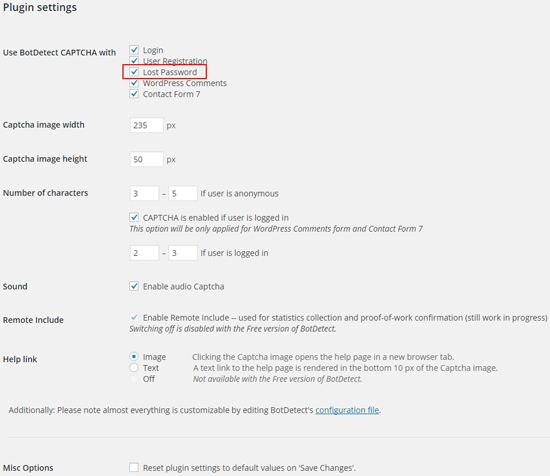 BotDetect PHP CAPTCHA WordPress Plugin: Lost Password Captcha setting
